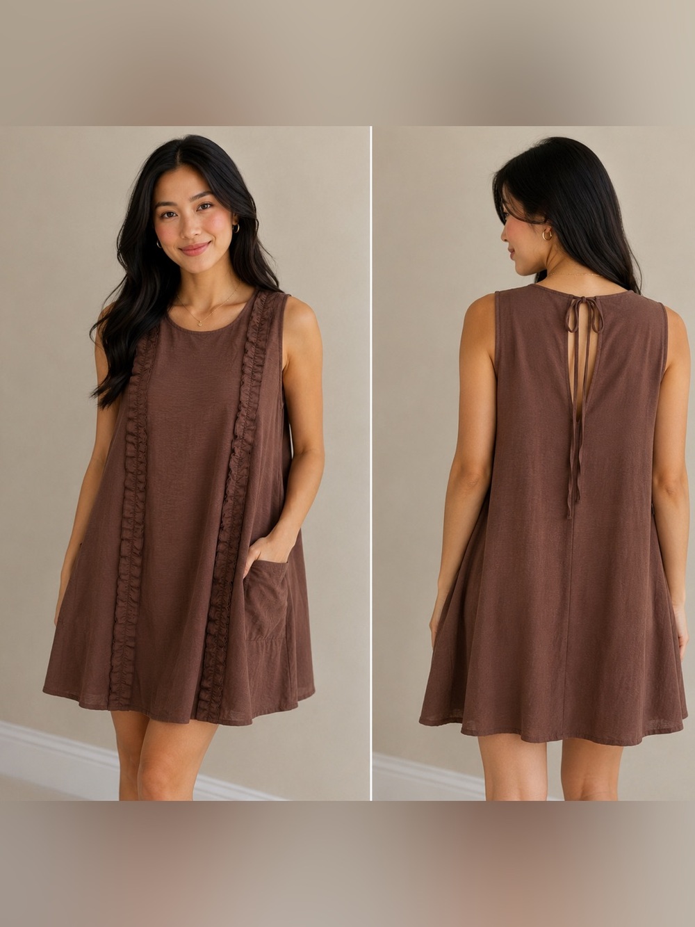 Sleeveless Brown‎ Ruffled Trim Swing Dress